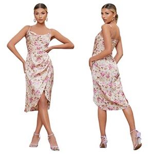 Floerns Floral Ruched Satin Midi Slip Dress